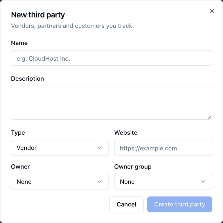 The New third party dialog, with the name, description, type, website and owner fields.